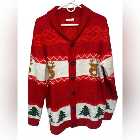 COOFANDY Christmas Ugly Xmas Reindeer Snowflake Shawl Collar Knitted Cardigan - Picture 1 of 7
